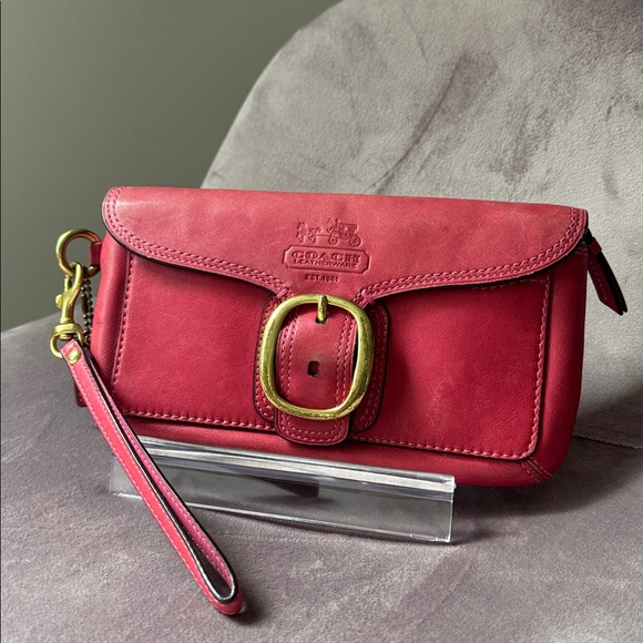 Coach Bleecker Burnished Leather Fuchsia Pink Buckle Clutch Wristlet Tattersall - Picture 2 of 8